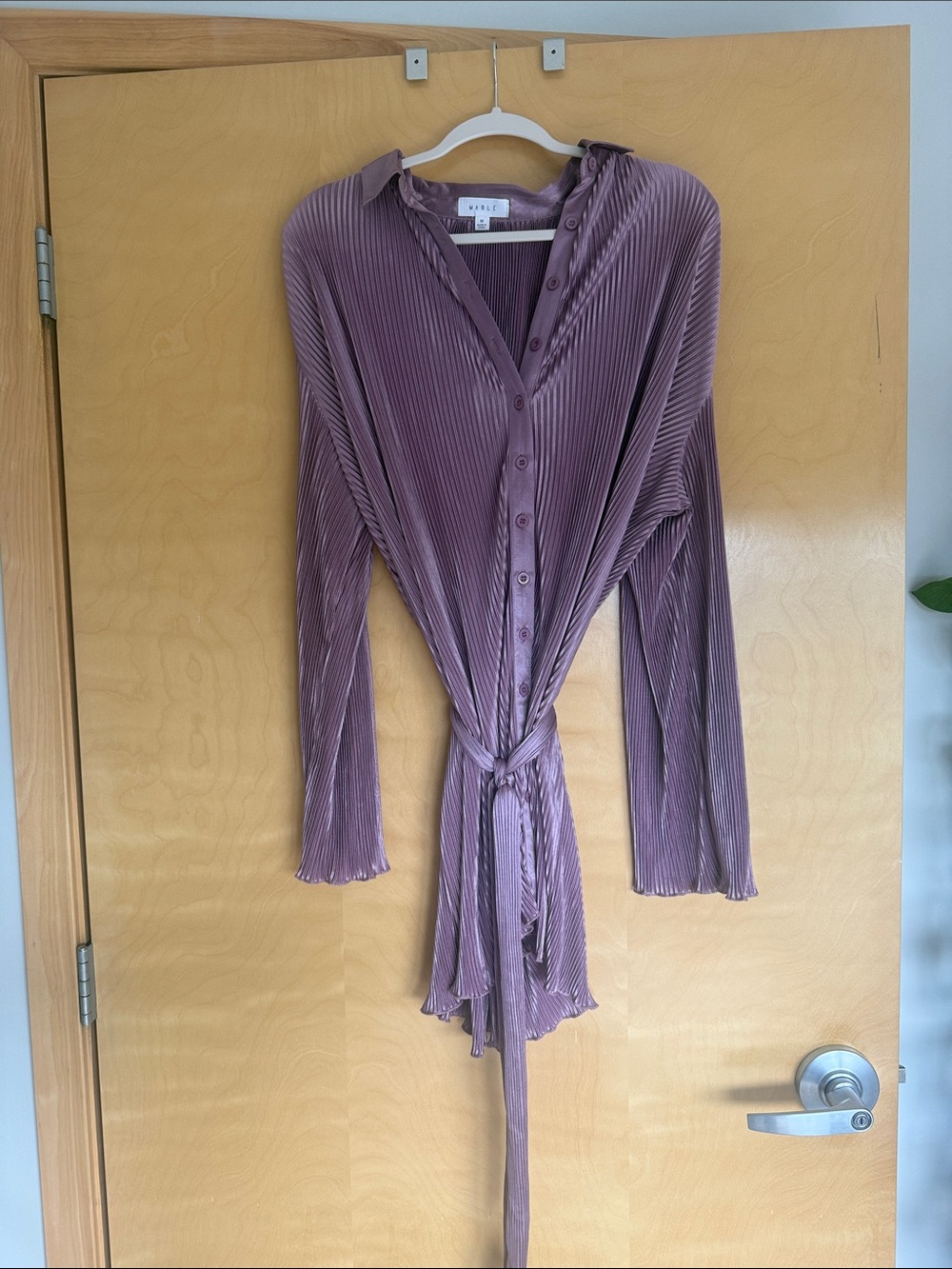 Pleated Tie-Waist Long Sleeve Dress - Mauve